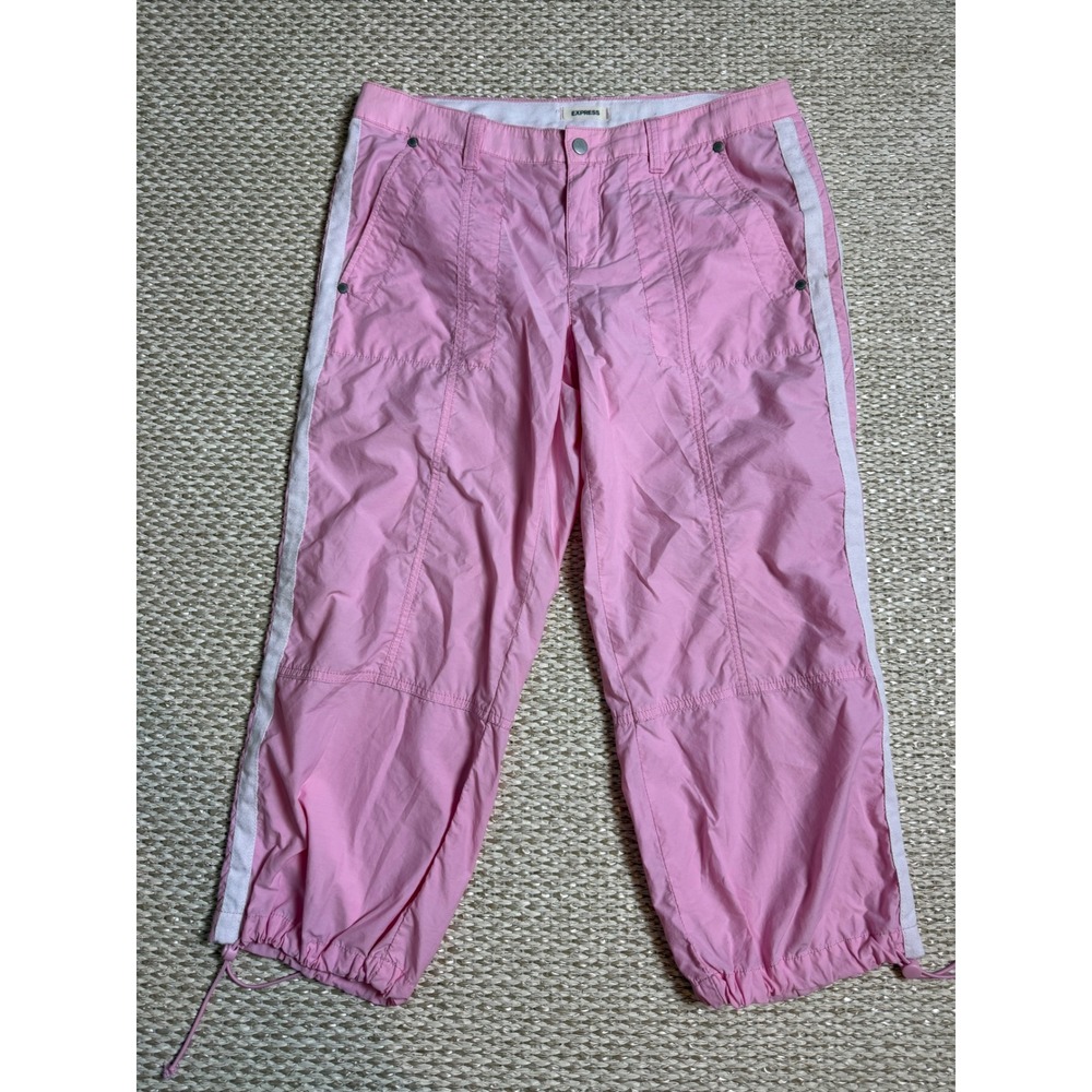 Express Pink Cropped Cargo track Pants White Side Stripe Bungee Hem twee Y2K 10